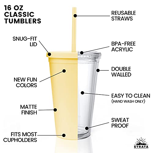 Tumblers With Lids (12 Pack) 16Oz Colored Acrylic Cups With Lids And Straws | Double Wall Matte Plastic Bulk Tumblers With Free Straw Cleaner! Vinyl Customizable Diy Gifts #TOP2