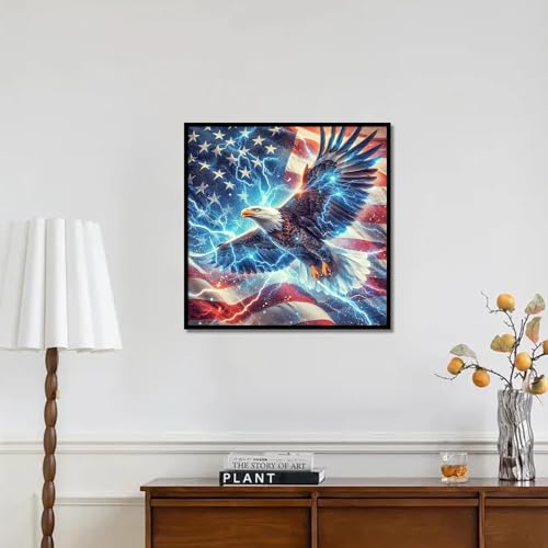 Image of 4th of July 5D DIY Diamond Painting Kits for Adults, American Flag Eagle Lightning Diamond Art Kits for Adults, Patriotic Full Round Drill Gem Painting Art Kits Wall Decor 13.8x13.8 Inch