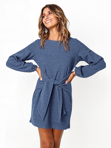 Image of PRETTYGARDEN Womens Spring Elegant Long Lantern Sleeve Short Dress Wedding Guest Crewneck Tie Waist Knit Cocktail Dresses