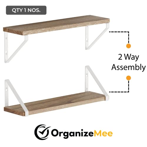 Image of OrganizeMee Wooden Book Shelf Wall D�cor,Floating Shelves For Living Room Kitchen,Bedroom,Decorative items,Pine Wood Planks Metal Mounting Brackets,Polished ,Size(16.5 Inch X 6 inchWhite Bracket) Qty:1NOS