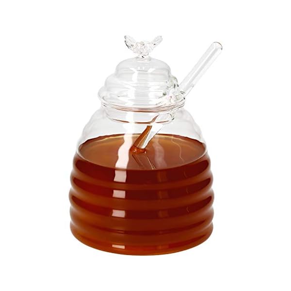 MamboCat 3 teiliges Set Honigtopf mit HoniglÃ¶ffel und Deckel I Glas TÃ¶pfchen zum Servieren von Ahornsirup I Glasdeckel mit Deko Bienchen und Aussparung fÃ¼r SpirallÃ¶ffel I Honig Glas 400ml