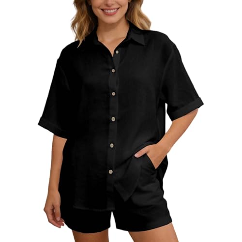 Chemise ample boutonnée et short couleur été style décontracté ensemble deux pièces léger