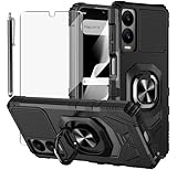 for Cricket Debut S3 Case, with Tempered Glass Screen Protector Heavy Duty Protection Technology Built-in Kickstand Rugged Shockproof Protective Phone Case for Cricket Debut S3,(Black)
