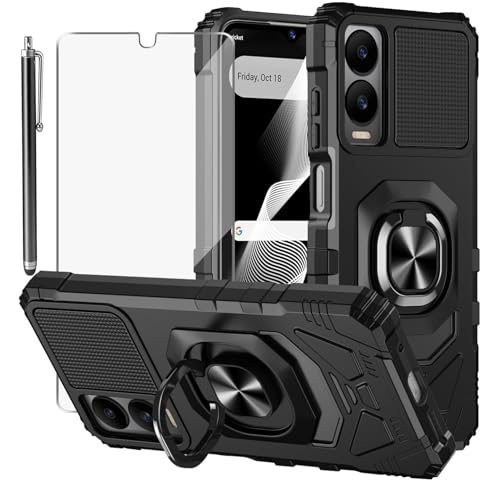 RYKQ for Cricket icon 6 Case, with Tempered Glass Screen Protector Heavy Duty Protection Technology Built-in Kickstand Rugged Shockproof Protective Phone Case for Cricket icon 6,(Black)