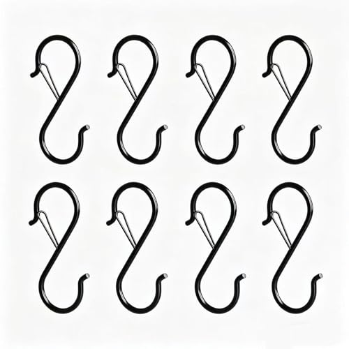 zffkz 8 Ganchos en S de Acero Inoxidable – 90 mm con Cierre de Seguridad para Barra hasta 3 cm – Ganchos Metálicos Resistentes para Cocina, Taller, Jardín y Armario – Negro