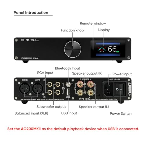 SMSL AO200 MKII 160Wx2 Verstärker HiFi Stereo, mit MA5332MS Chip, USB/RCA/XLR/Bluetooth 2.1 Kanal Class D Verstärker für PC/Subwoofer/Passtive Lautsprecher/Regallautsprecher