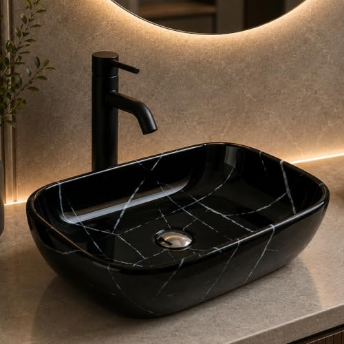 Image of Ceramic Tabletop Wash Basin - Glossy Rectangular Countertop Vessel Sink with Marble Finish for Bathroom & Vanity | Compact 18 x 13 x 5 Inch | Elegant Washbasin