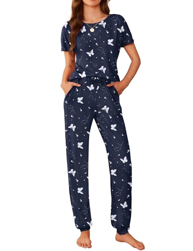Image of Ekouaer Womens Pajama Sets Short Sleeve Lounge Sets for Women Printed Jogger Pajama Set 2 Piece Pj Sets With Pockets S-XXL