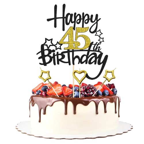 45th Birthday Cake Decoration, Heart Star 45th Birthday Candle Glitter Cake Topper for Birthday Anniversary Theme Party Cake Bunting Decor Supplies
