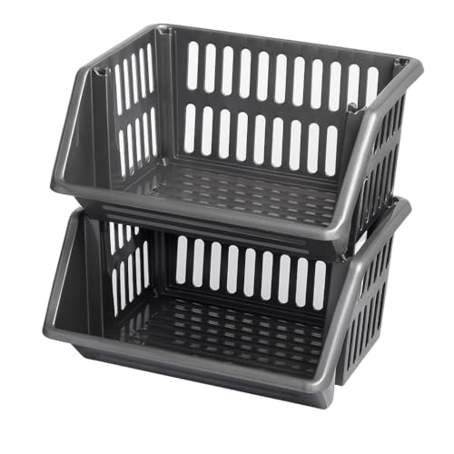 ZARVICZONIA Large Stacking Storage Baskets Veg Rack, Durable Plastic Stackers, Dimensions: 36 cm (L) x 30 cm (D) x 17.5 cm (H) (Grey, Pack of 2)