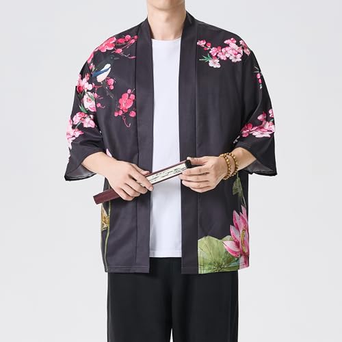 Image of PRIJOUHE Men's Lightweight Kimono Jacket Seven Sleeve Open Front Cardigan Coat Japanese Style Bathrobe