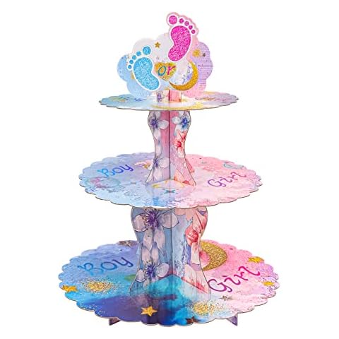 BACUTHY Gender Reveal Cupcake-Ständer - 3-stöckiger Karton-Cupcake-Halter für Jungen oder Mädchen, offenbarende Dekorationen, Babyparty-Geburtstagsparty-Zubehör Cover