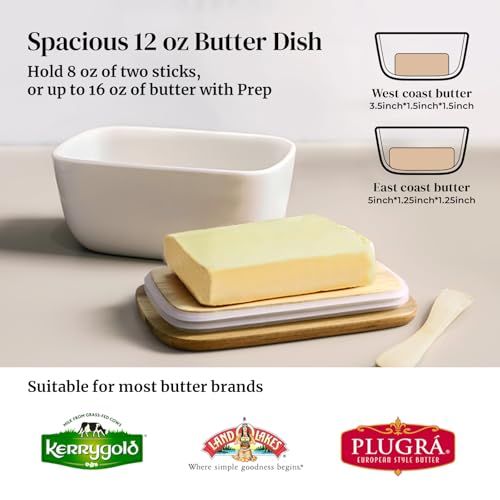DOWAN 6.5 Ceramic Butter Dish with Lid - White Butter Keeper Holds 3 Sticks with Silicone Seal