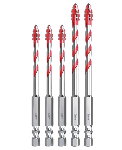 hommova 5Pcs Masonry Drill Bits Set, Carbide Drill Bit for Ceramic Porcelain Tiles Brick (6, 6, 8, 10, 12mm)