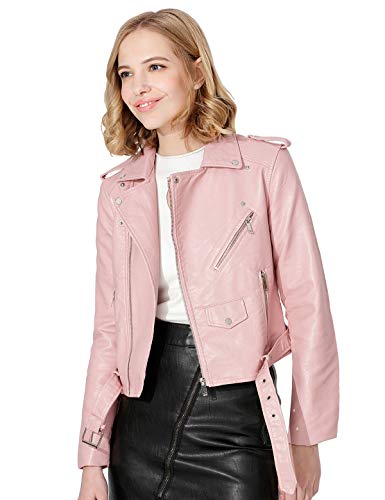 Jhichic Women's Faux Leather Textured Short Moto Jacket Zip-up Slim PU Biker Coat with Pockets (Pink, XL)
