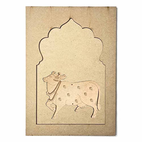 Image of Adikala MDF Jharokha with Pichwai Cow Right Side face Engraved Design & Square Shaped Base Cutout for DIY Craft