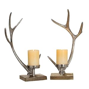 GILDE Kerzenständer Geweih aus Aluminium mit Holzfuß, 41,5×19,5×14 cm, Silber, 2-teiliges Set