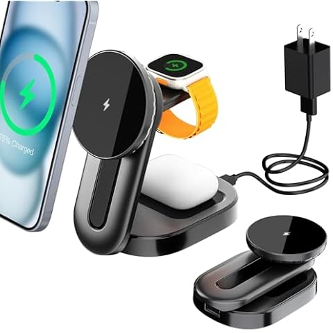 KPON 3 in 1 Wireless Charging Station for Apple Mag-Safe, Magnetic Wireless Charger Stand Foldable for Multiple Devices,Travel Charging Dock for iPhone 16/15/14/13/Pro/ProMax/Plus/Mini/iWatch/AirPods Cover