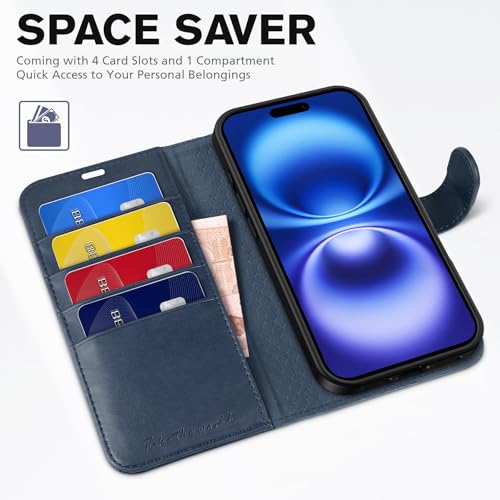 TUCCH Case Wallet for iPhone 16 Plus 6.7", [TPU Shockproof Inner], Kickstand PU Leather [RFID Blocking] 4 Card Holder Magnetic Stand Protective Cover Compatible with iPhone 16 Plus 5G 2024, Dark Blue by TUCCH - Used condition - Image 7