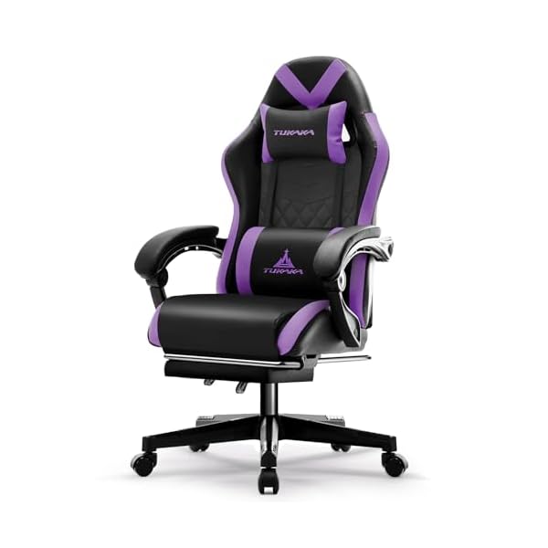 Gaming Chair,Ergonomic Massage Computer Office Desk Chair with Footrest,Pocket Spring Cushion,Reclining Leather Adjustable Gamer Chair with Headrest and Lumbar Support,Purple