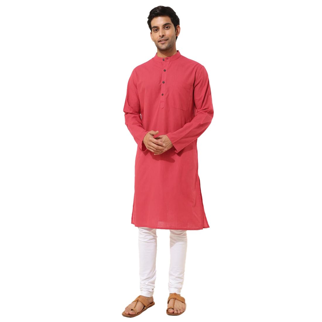 Fabindia Men's Cotton Striped Slim Long Kurta (1038422Pink_Pink