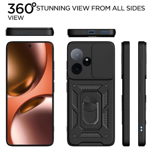 Image of Pikkme Back Cover for Realme GT 7 5G / GT 7T 5G | 360 Protection Case | Sliding Camera Shield Cover & Ring Holder Stand D10 Tough Armor Bumper Case (Black)