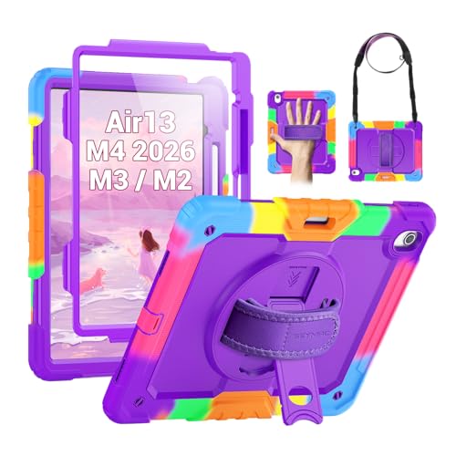 Image of SEYMAC for iPad Air 13 Inch Case M4 / M3 / M2 (2026 /2025 / 2024), Heavy Duty Shockproof Protective Case with Screen Protector, Rotating Stand, Hand /Shoulder Strap and Pen Holder, Colorful Purple