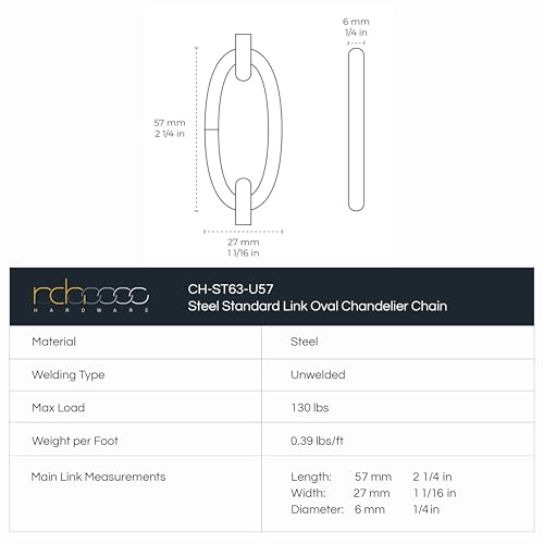 Image of RCH Hardware CH-ST63-U57-PC Steel Chandelier Chain 3 Gauge, Polished Chrome (1 Foot)