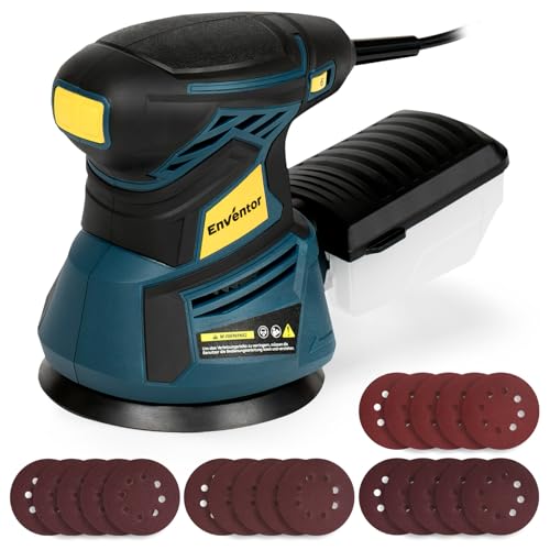 Enventor Lijadora Madera 350W, Lijadora Orbital Electrica con 6 Velocidades Variables, 6000-13000RPM, 125MM, 20PCS (80, 120, 180, 240 Grit), Lijadora Electrica para Madera y Acero