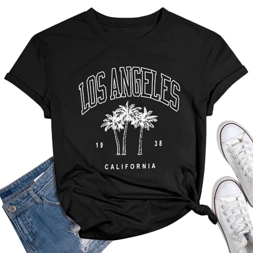 miuyinger Tshirts Shirts for Women Los Angeles 1983 Palm Trees Summer Short Sleeve Graphic Tee Tops Vintage Trendy (Black L)