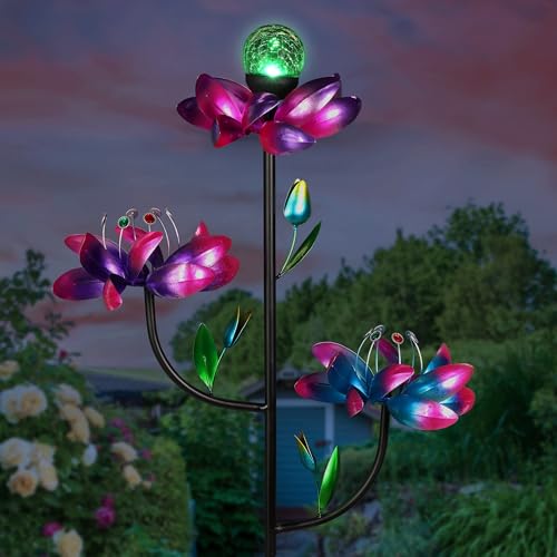 Exhart Garden Solar Lights, Lotus Flower Wind Spinner Garden Stake with Color Changing LED Crackle Ball and 3 Flowers, Outdoor Garden and Yard Decor, 20.5 x 70 Inch