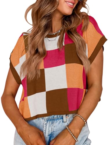 Image of Saodimallsu Womens Cap Sleeve Crop Tops Summer Color Block Going Out Crew Neck Knit Trendy Casual Sweater