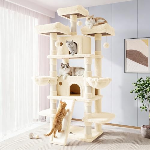 Image of Allewie 82 Inches Large Cat Tree /House /XXL Tall Cat Towers for Big Feline /Scratching Post /Multi-Level Large Kitty Climbing Tree with Condo /Beige