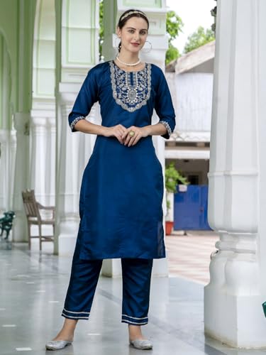 Image of VredeVogel Women's Silk Blend Embroidered Kurta with Pant & Dupatta Set