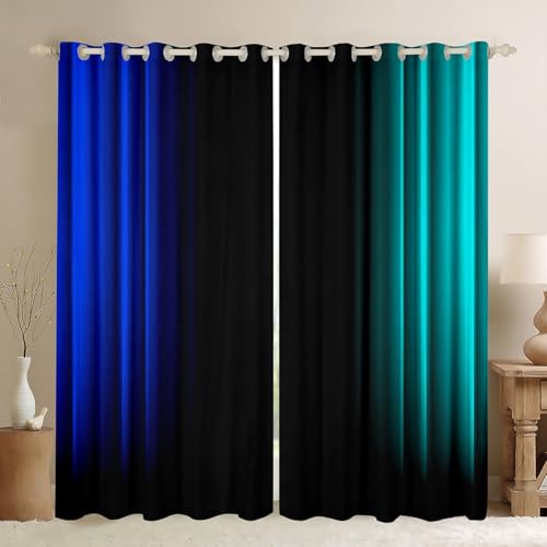 Feelyou Abstract Ombre Decorations Curtains for Kids Teens Women Blue Teal and Black Window Drapes Treatments Geometric Modern Window Curtains Bedroom, 42W X 84L,2 Panels