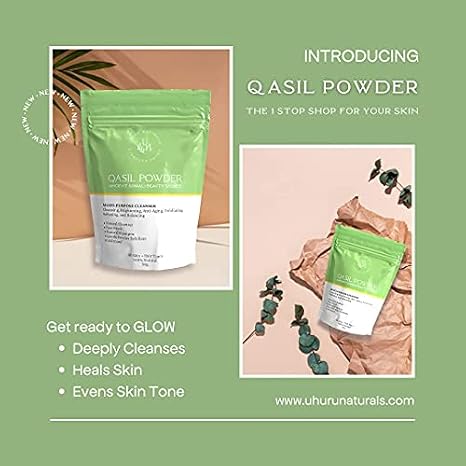 Uhuru Naturals Qasil Powder 50 Grams Ancient Somali Beauty Secret, Gentle Deep Cleansing Facial Mask for Beautiful Glowing Skin. Reduces Dark Marks and Scars. Brightens. Detoxifies.