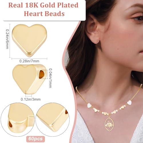 Beebeecraft 1 Box 60Pcs Heart Beads 18K Gold Plated Brass Small Hole Metal Loose Beads for DIY Making Bracelet Necklace - Image 2