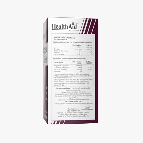 Image of HealthAid Chelated Magnesium Glycinate with Zinc (1682 mg) - Magnesium Supplement for Muscle Recovery, Sleep Support, Cramps Relief & Nerve Health | Promotes Brain Health - 60 Veg Tablets (Pack of 3)
