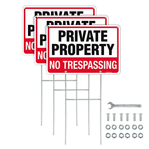 T&R No Trespassing Sign Private Property Sign with H Stake for Outside,3 Pack,12