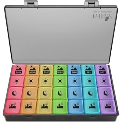 Fullicon Large Weekly Pill Organizer 4 Times a Day,7 Day Pill Box, Portable Medicine Organizer for Supplements Vitamin Pill Case Black