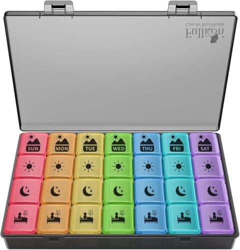 Image of Fullicon Large Weekly Pill Organizer 4 Times a Day, 7 Day, Black Rainbow | Each Compartment Holds up to 9 Fish Oils, 10 Vitamins, or 16 Capsules, Secure Double Latch, Clear Day Labels