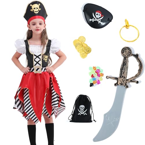 Rabtero Roupas de pirata infantil, vestido de princesa pirata de luxo para meninas com 7 acessórios, jogo de roleplay pirata para crianças de 3 a 4 anos