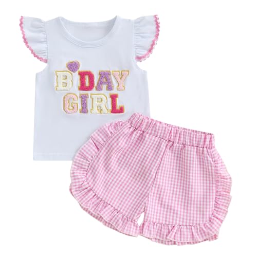Kayotuas Toddler Baby Girl Birthday Outfit Birthday Girl Shirt Ruffle Gingham Shorts Cute Summer Clothes Cake Smash Outfits