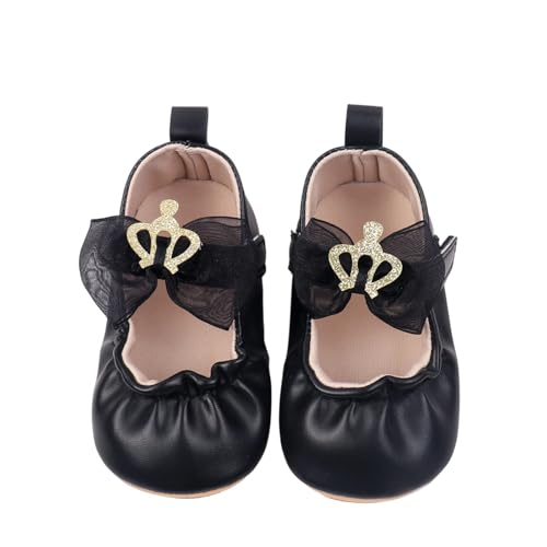 Baby Girls Princess Shoes, Soft PU Leather Bow Shiny Crown Non-Slip Bottom First Walker Shoes Toddler Shoes
