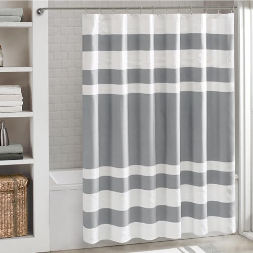 Madison Park Shower Curtain Waffle Weave Striped Pieced Design Fabric Shower Curtains for Bathroom with 3M Scotchgard Moisture Management Premium Spa Quality Modern Standard 72