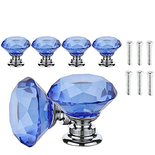 ANSIEDIO 6 Pièces 30mm Bouton de Meuble Diamant Cristal Bleu Bouton de Tiroir Poignées Boutons de Portes pour Placards