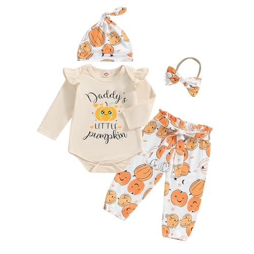 Image of Karuedoo Newborn Baby Girl Halloween Outfit Daddy's/Mama's Little Pumpkin Romper Pumpkin Pants Headband Hat 4Pcs Clothes Set (Beige-Daddy's Little Pumpkin, 0-3 Months)