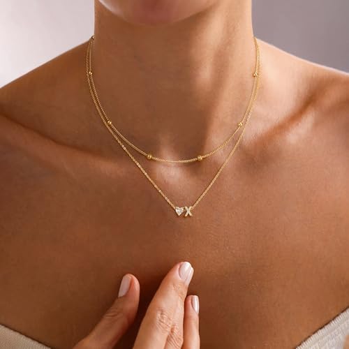 Initial Heart Necklaces for Women - Dainty Cute Necklace Small Layered 14K Gold Plated A-Z Letter CZ Pendant Trendy Satellite Chain Necklaces for Women Non Tarnish Gold Jewelry Set Gift
