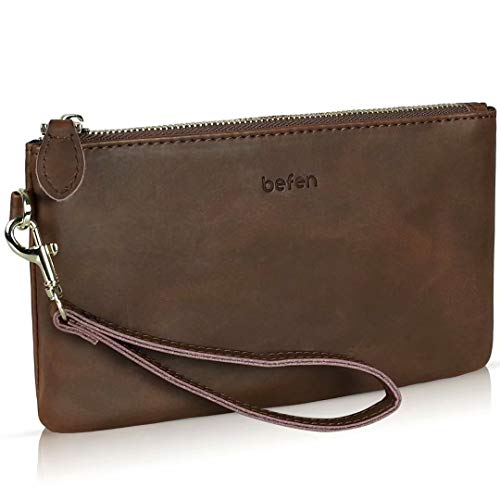 befen Wristlet Clutch Wallet Purse for Women, Genuine Leather Wristlet Purses and Handbags Card Holder Cash Organizer Ladies Soft Clutch Bags with Wrist Strap