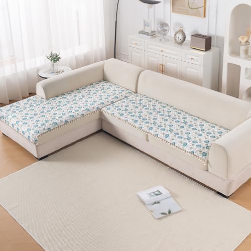 Image of HOKIPO Cerulean Bloom L Shape (3+2 Seater) Sofa Seat Mat with Tassel| Quilted Sofa Cover Mat, 'Tassel Twigs' Series (IN-984-T6 + IN-986-T6)